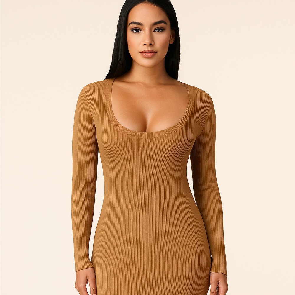 Fashion Nova XL Camel Brown Ribbed Knit Midi Dress – Cutout Back & Scoop Neck